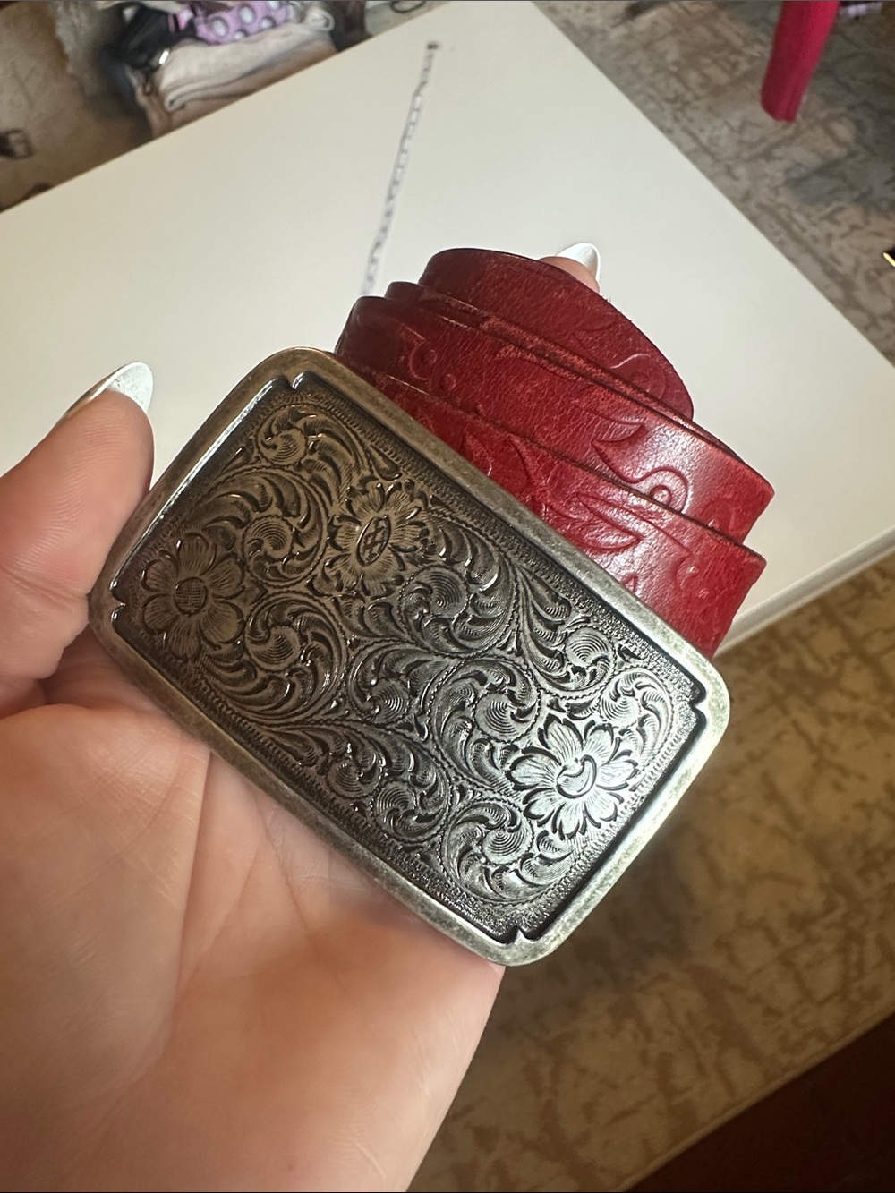 Vintage Fossil Embossed Leather Belt with Ornate Silver Buckle